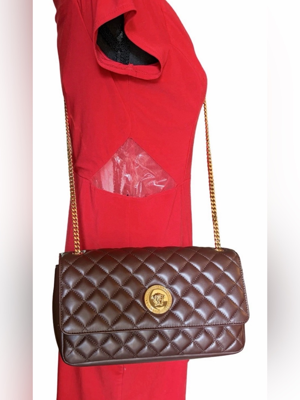Versace La Medusa Brown Quilted Lambskin Leather Medium Crossbody Shoulder Bag - Picture 15 of 16